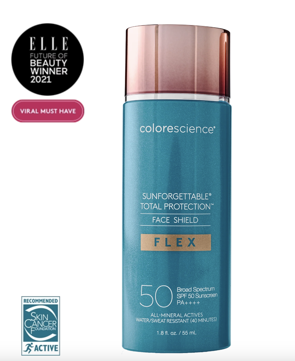 Colorescience Sunforgettable Total Protection Face Shield SPF 50 in a sleek bottle.